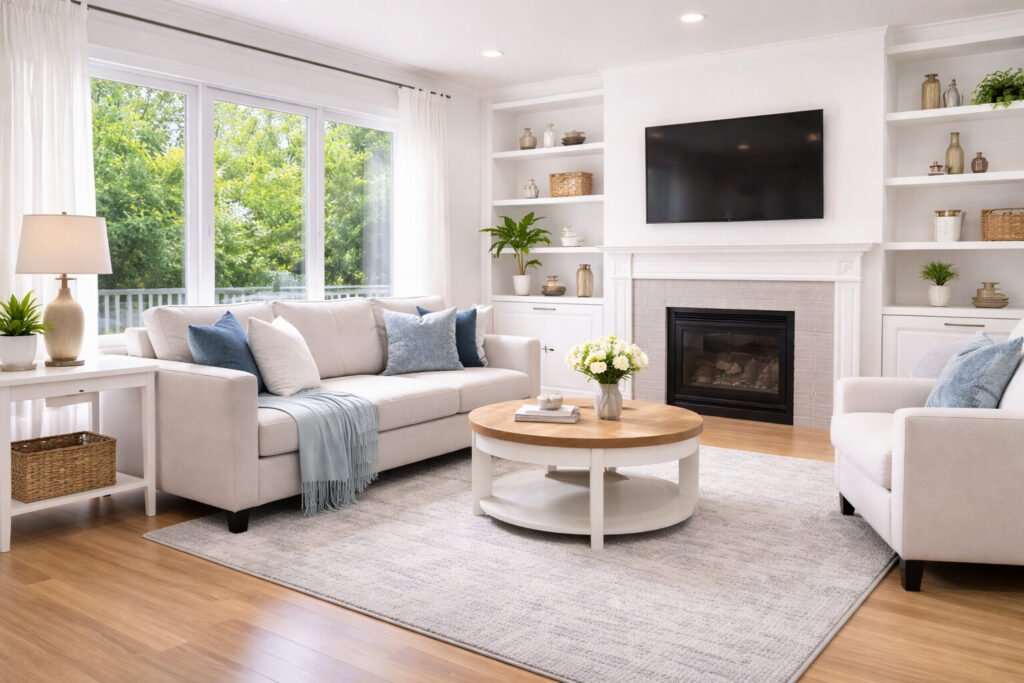 clean modern living room after professional deep cleaning