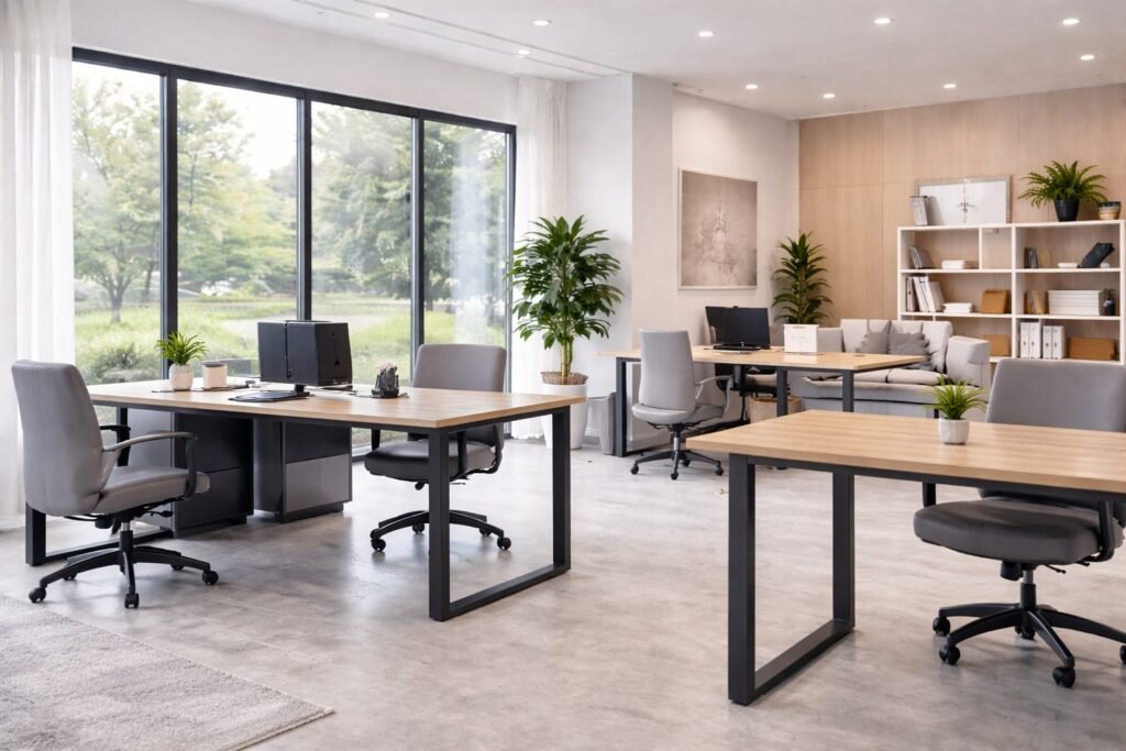 clean modern office workspace after routine maintenance cleaning