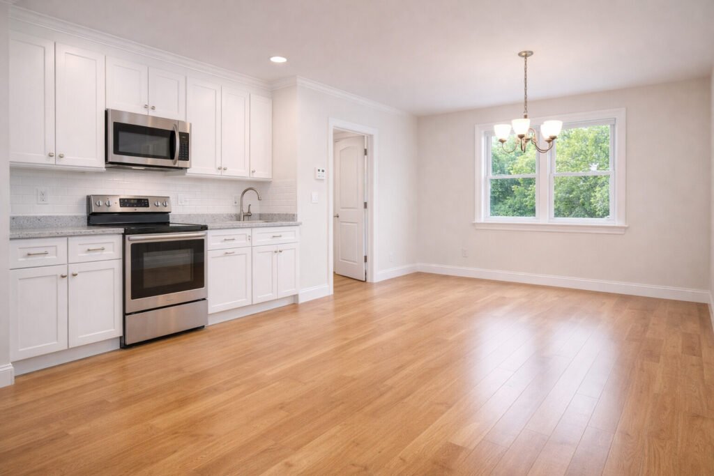 empty kitchen and dining area professionally cleaned and move-ready