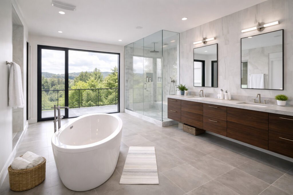 spotless modern primary bathroom after professional residential cleaning